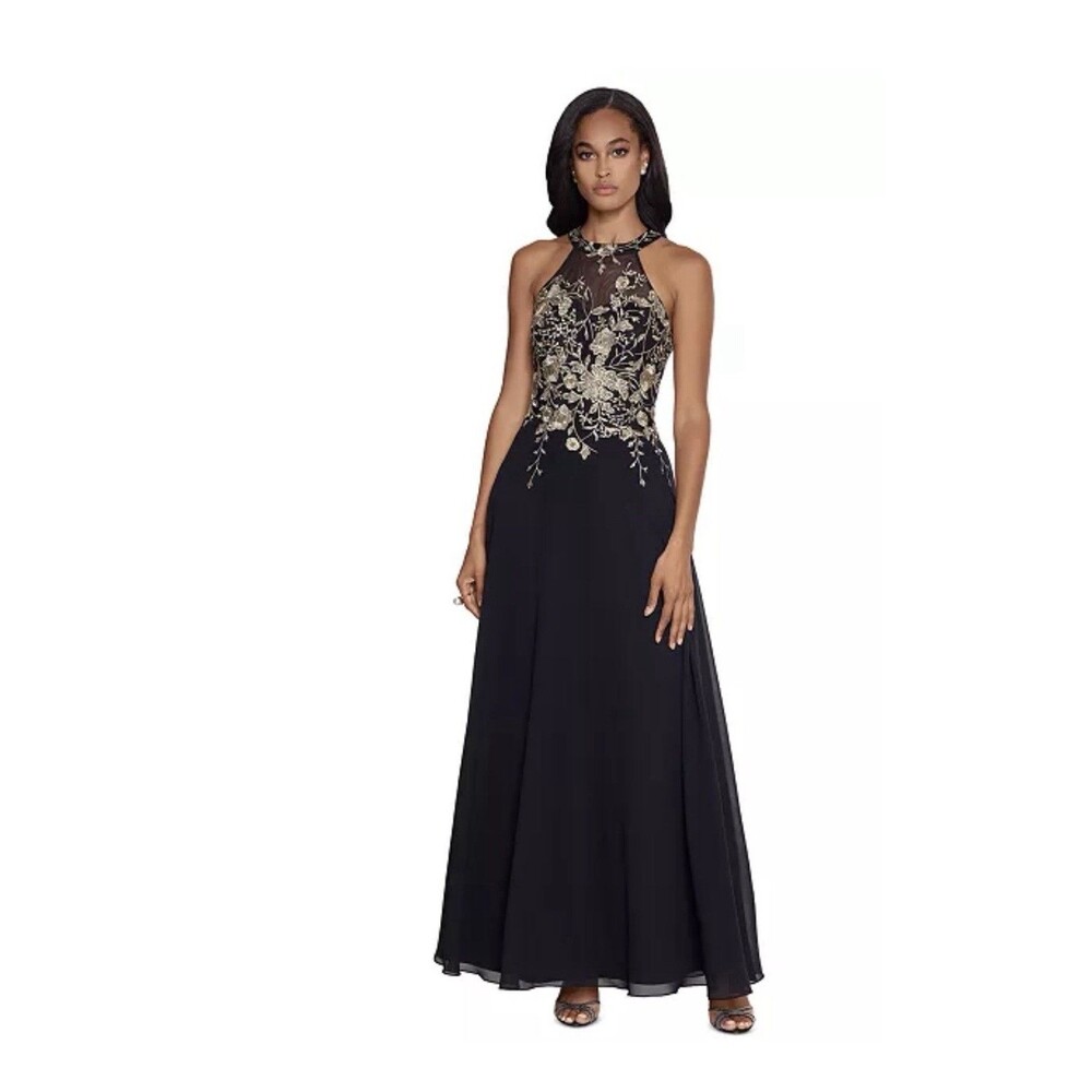 Besty & Adam Sleeveless Floral-Appliqué Illusion Black Gown Size:8 $279